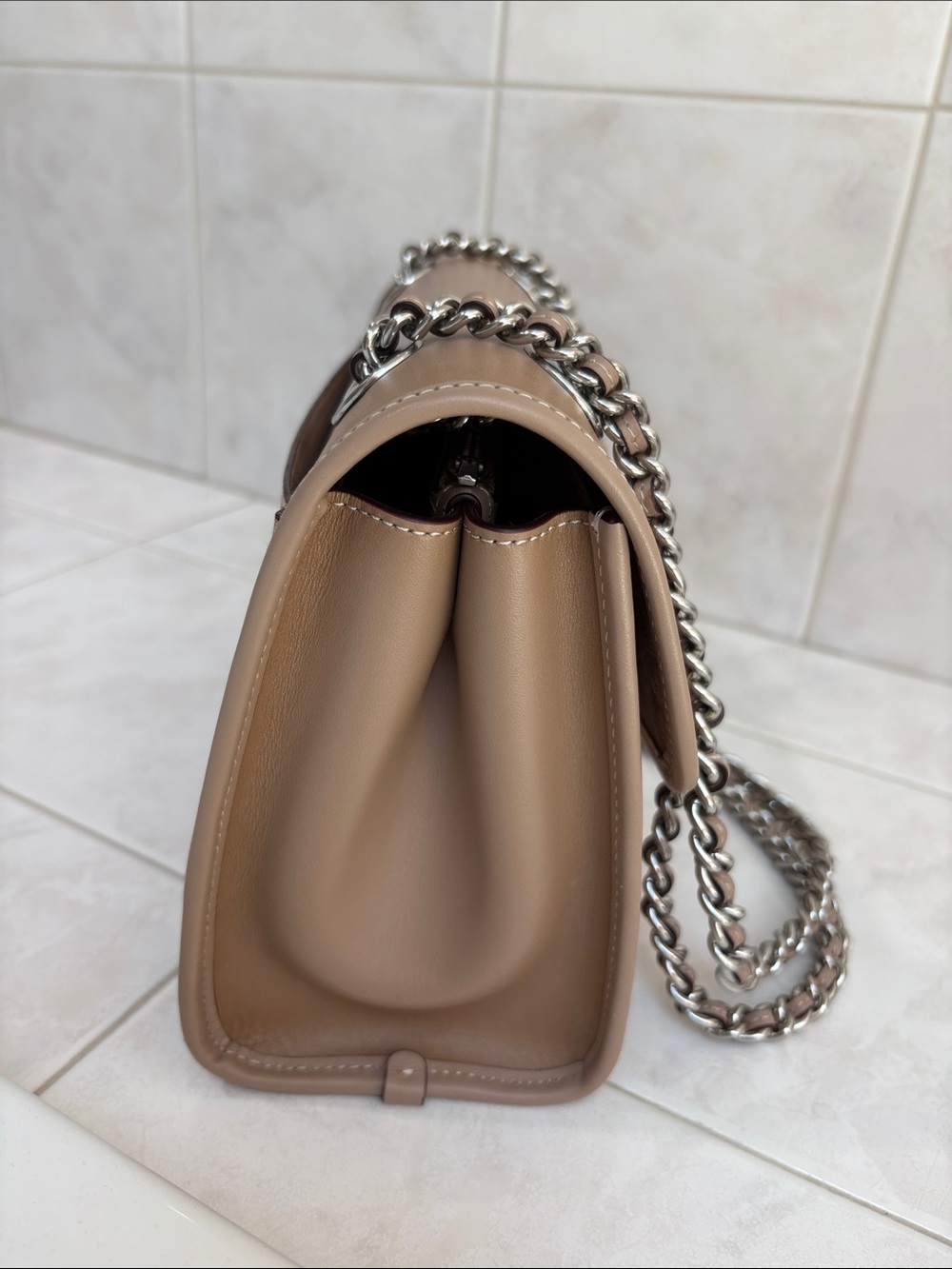 Coach Parker Shoulder Bag in Signature Logo, Calf Leather, and Silver Chain - Picture 4 of 13